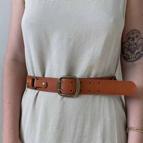 Womens Brown Leather Brass Buckle Minimalist Hippie Modern Equestrian Belt Sz L - Picture 2 of 5